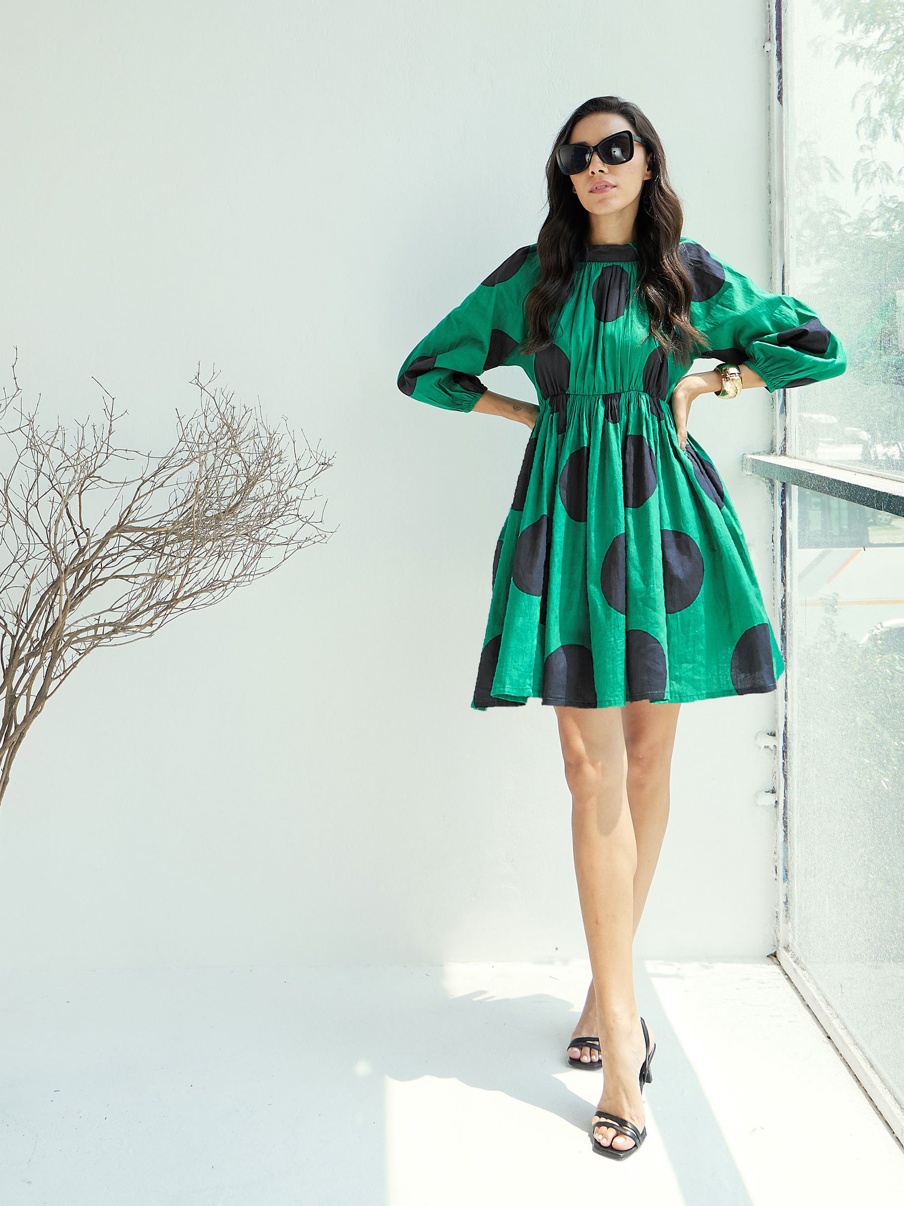 green dress with black polka dots Say hello to sunshine in our Daisy Green Polka Dot Halter Dress! Perfect for twirling into summer with vintage charm and playful vibes #VintageVibes #PolkaDotLove #DollyAndDotty