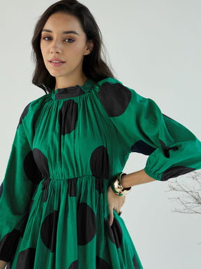 Women Green Back Cut-Out Polka Dot Dress