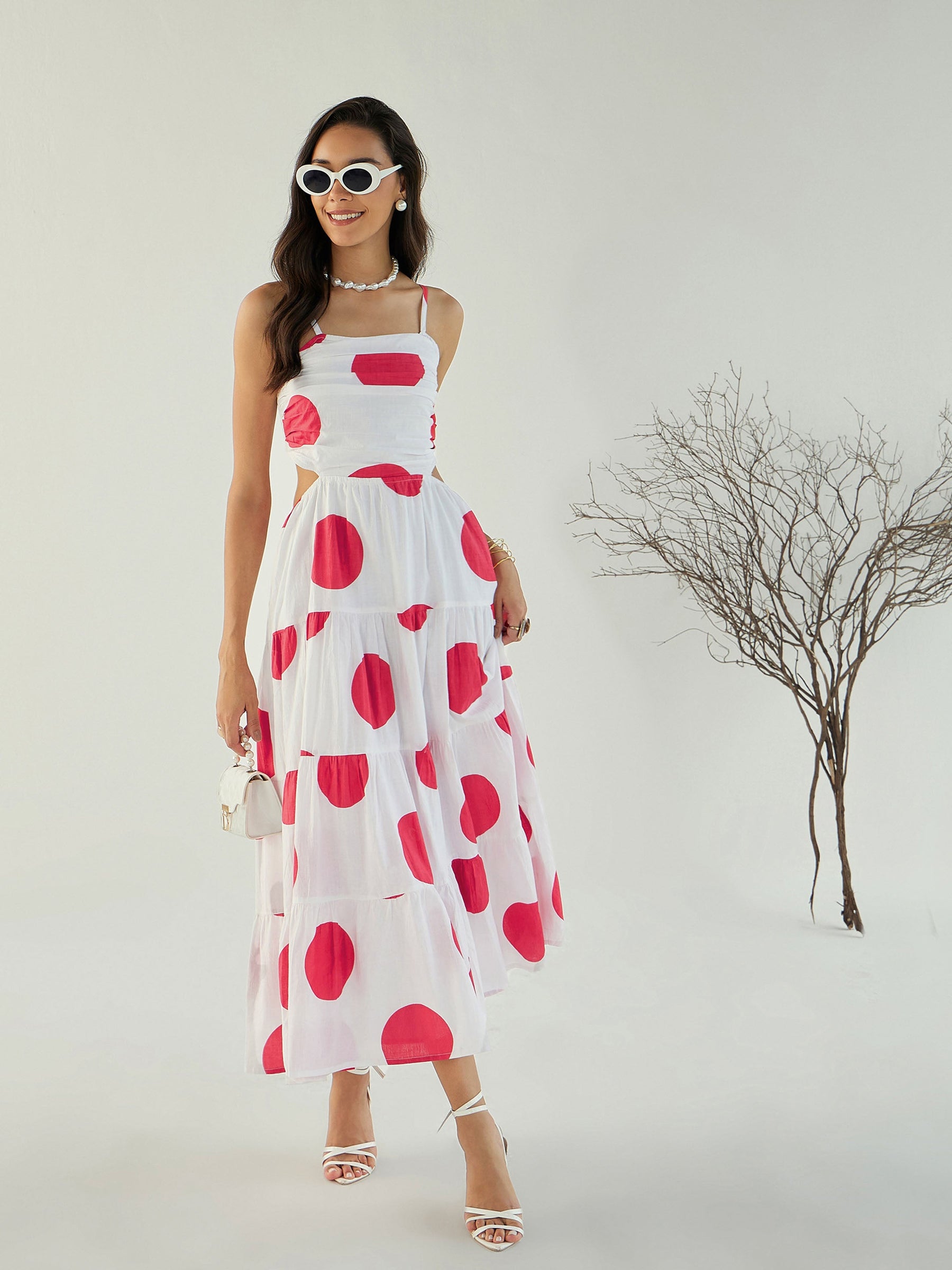 White Back Cut-Out Polka Dot Dress-Pink Paprika By SASSAFRAS