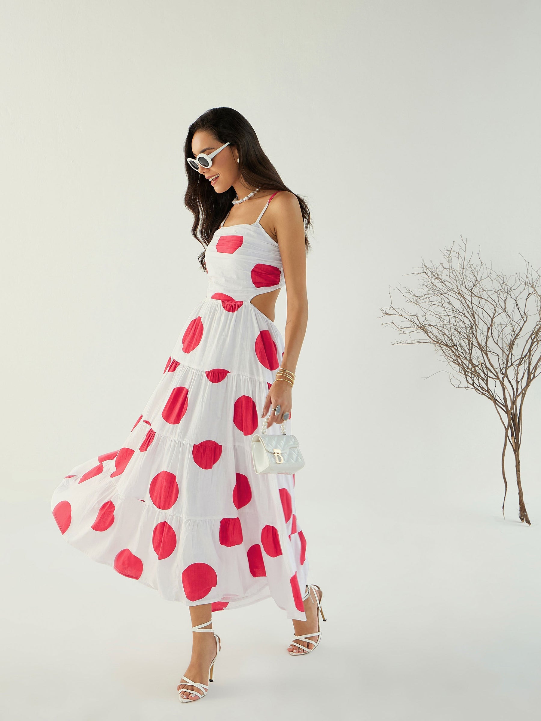 White Back Cut-Out Polka Dot Dress-Pink Paprika By SASSAFRAS