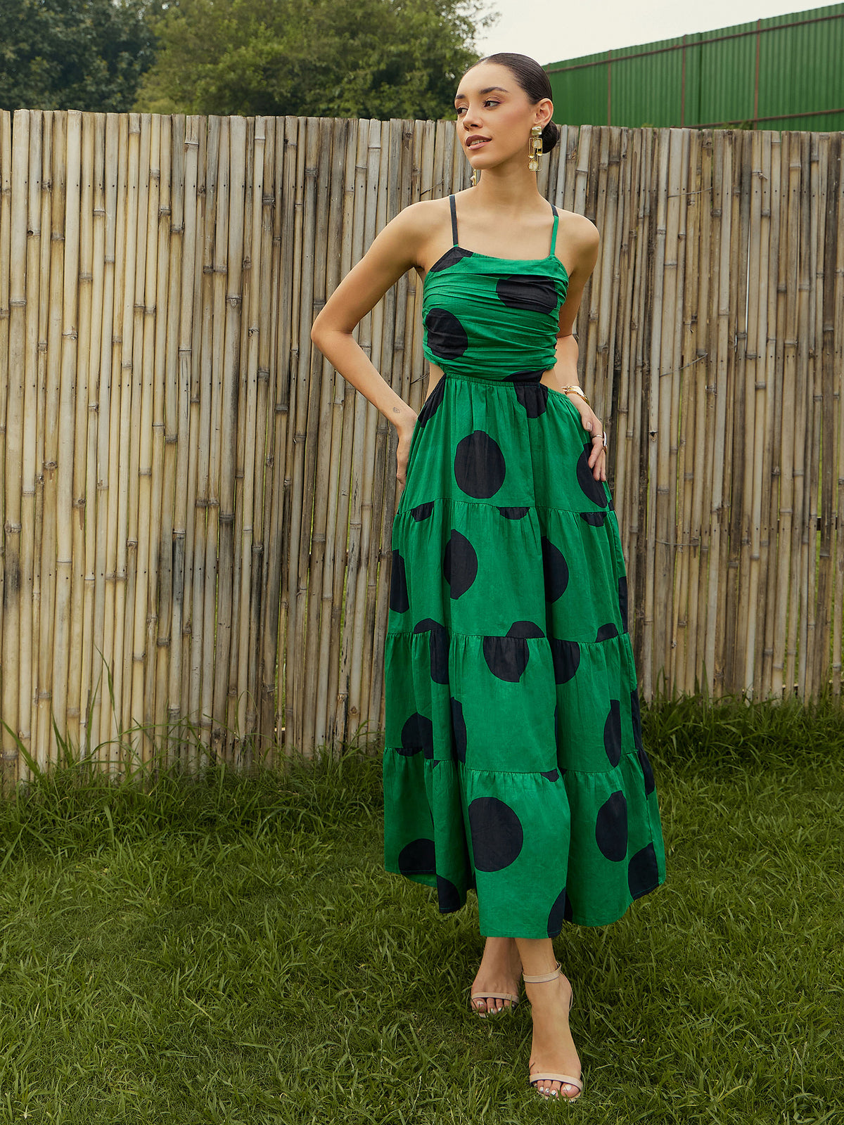 Women Green Strappy Back Cut-Out Polka Maxi