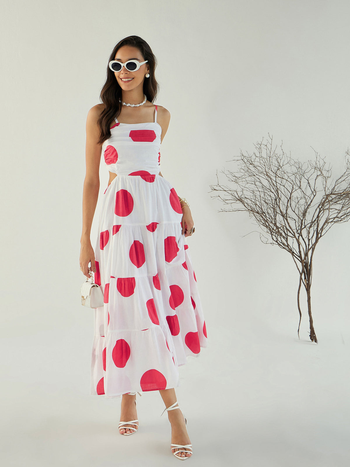 Women White Strappy Back Cut-Out Polka Maxi