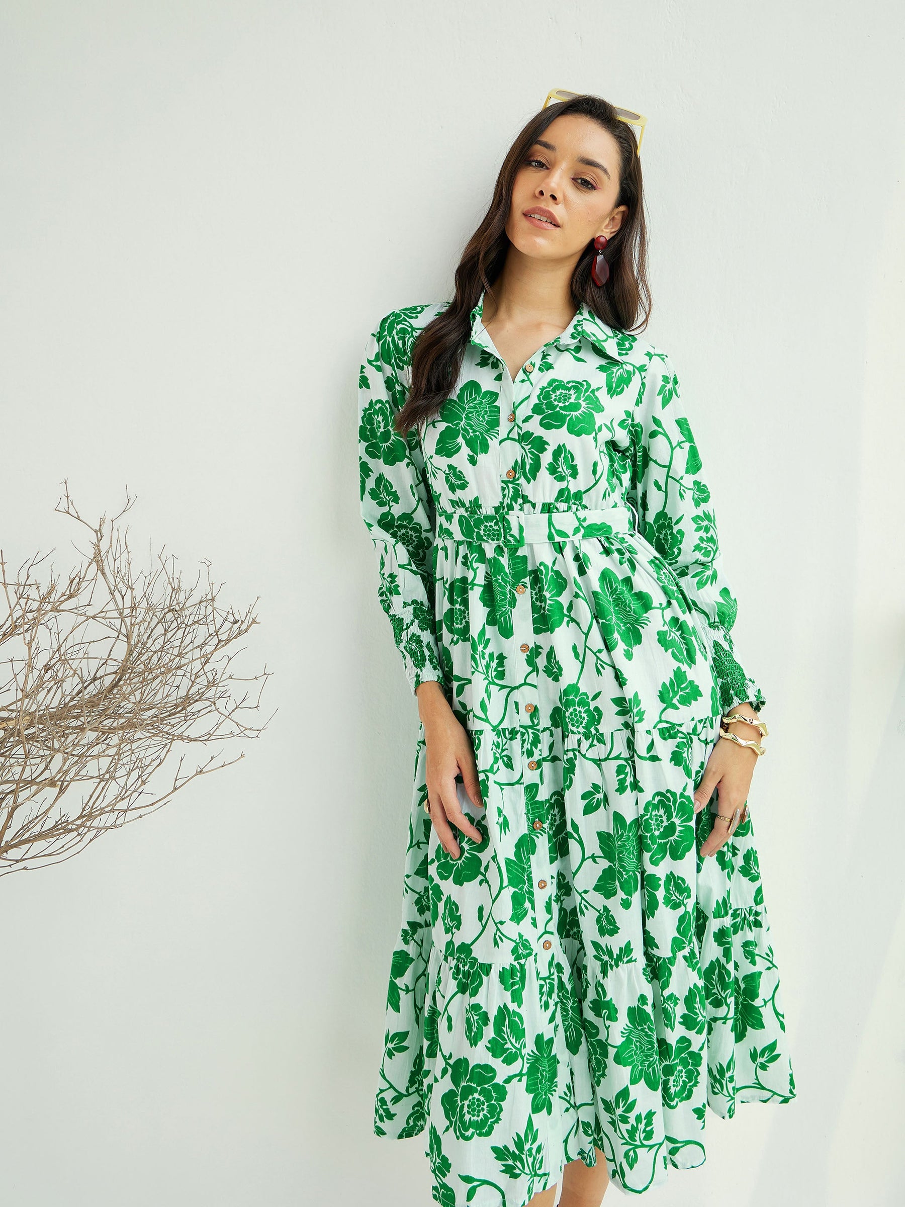 White & Green Floral Front-Button Midi Dress-Pink Paprika By SASSAFRAS