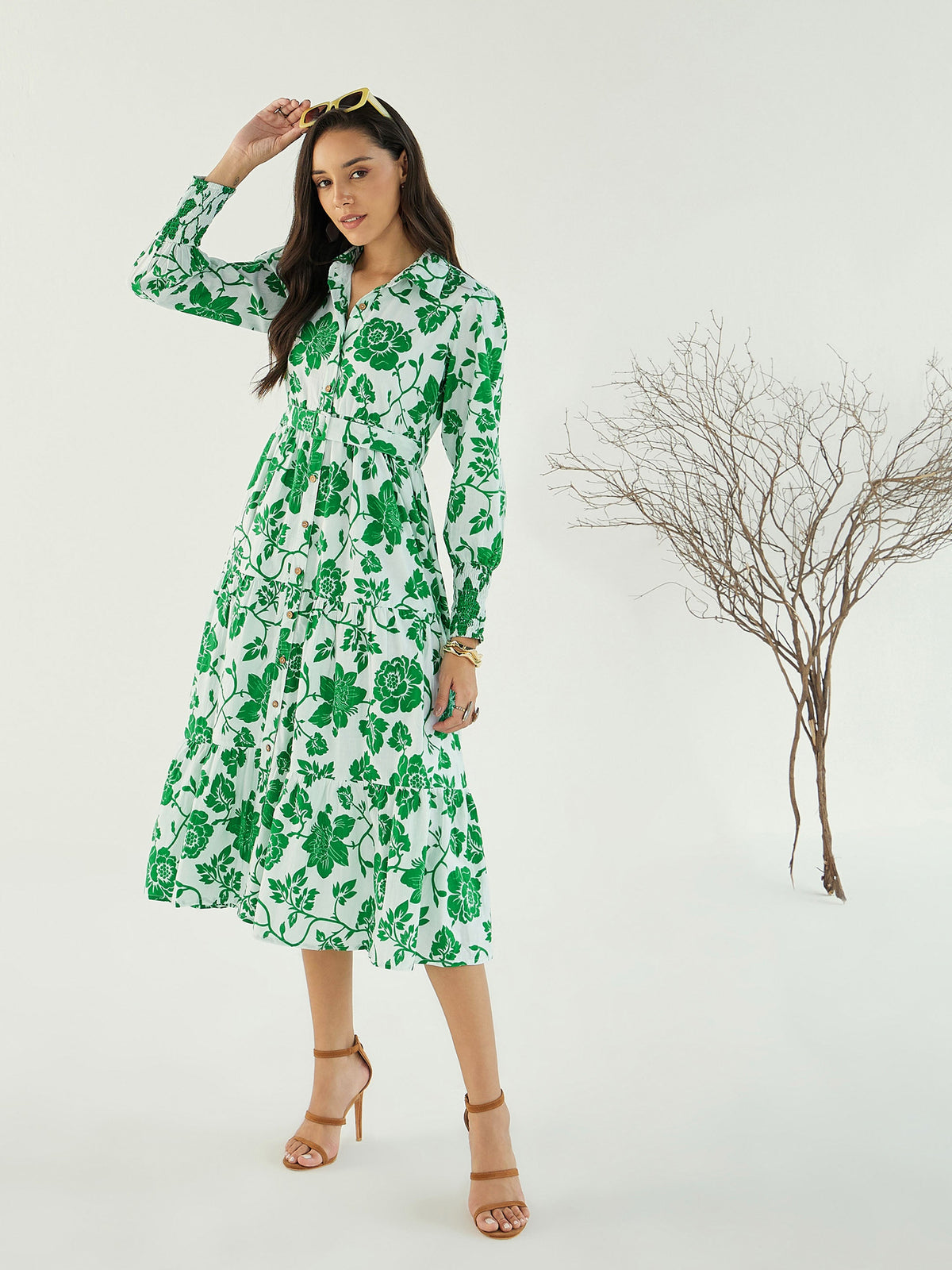 White & Green Floral Front-Button Midi Dress-Pink Paprika By SASSAFRAS