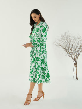 White & Green Floral Front-Button Midi Dress-Pink Paprika By SASSAFRAS