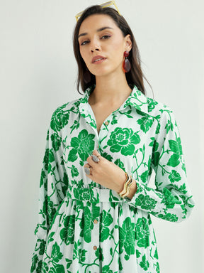 White & Green Floral Front-Button Midi Dress-Pink Paprika By SASSAFRAS