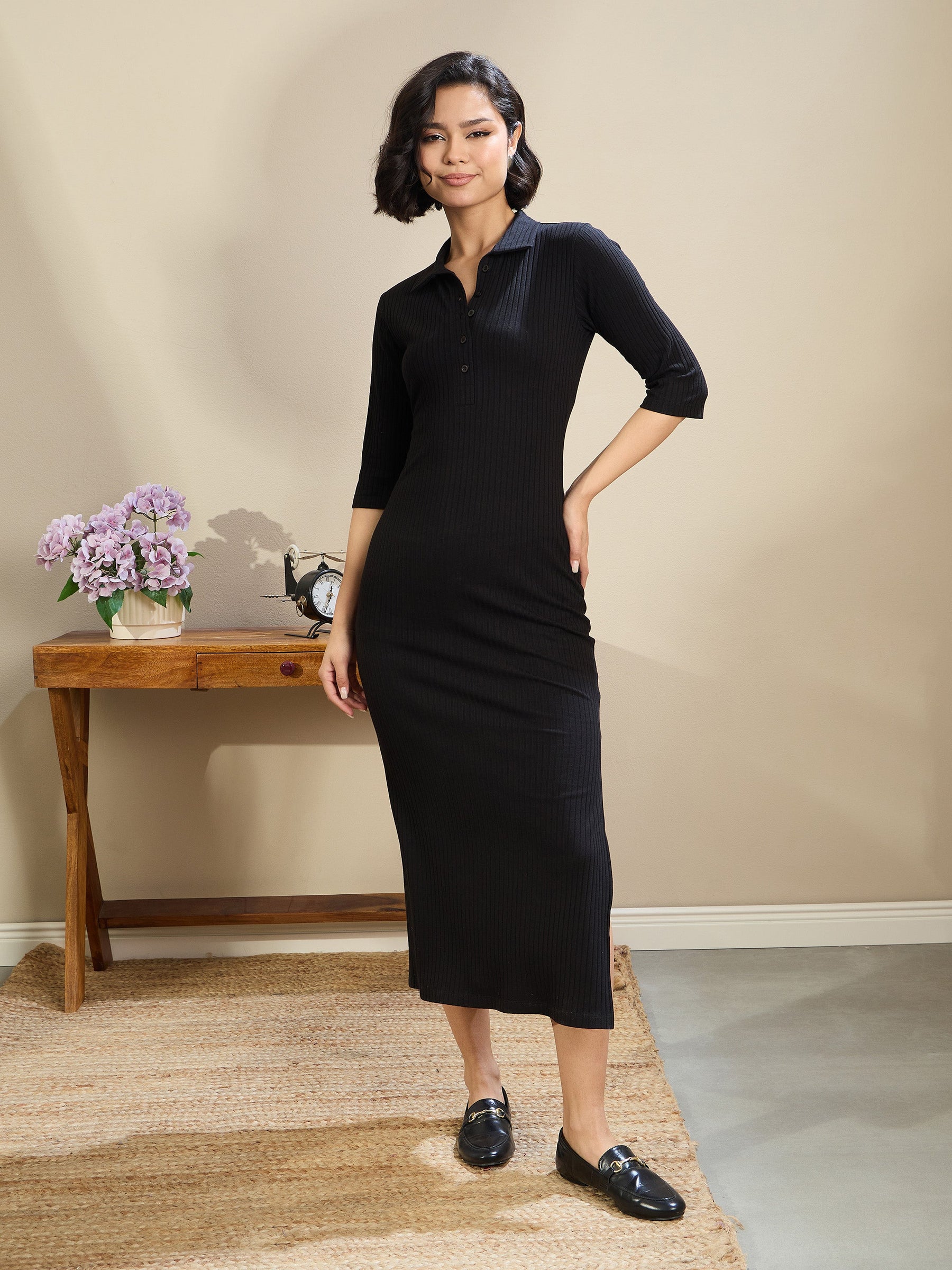 Black Rib Polo Neck Midi Dress-SASSAFRAS BASICS