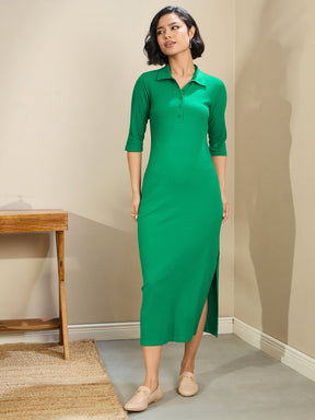 Green Rib Polo Neck Midi Dress-SASSAFRAS BASICS