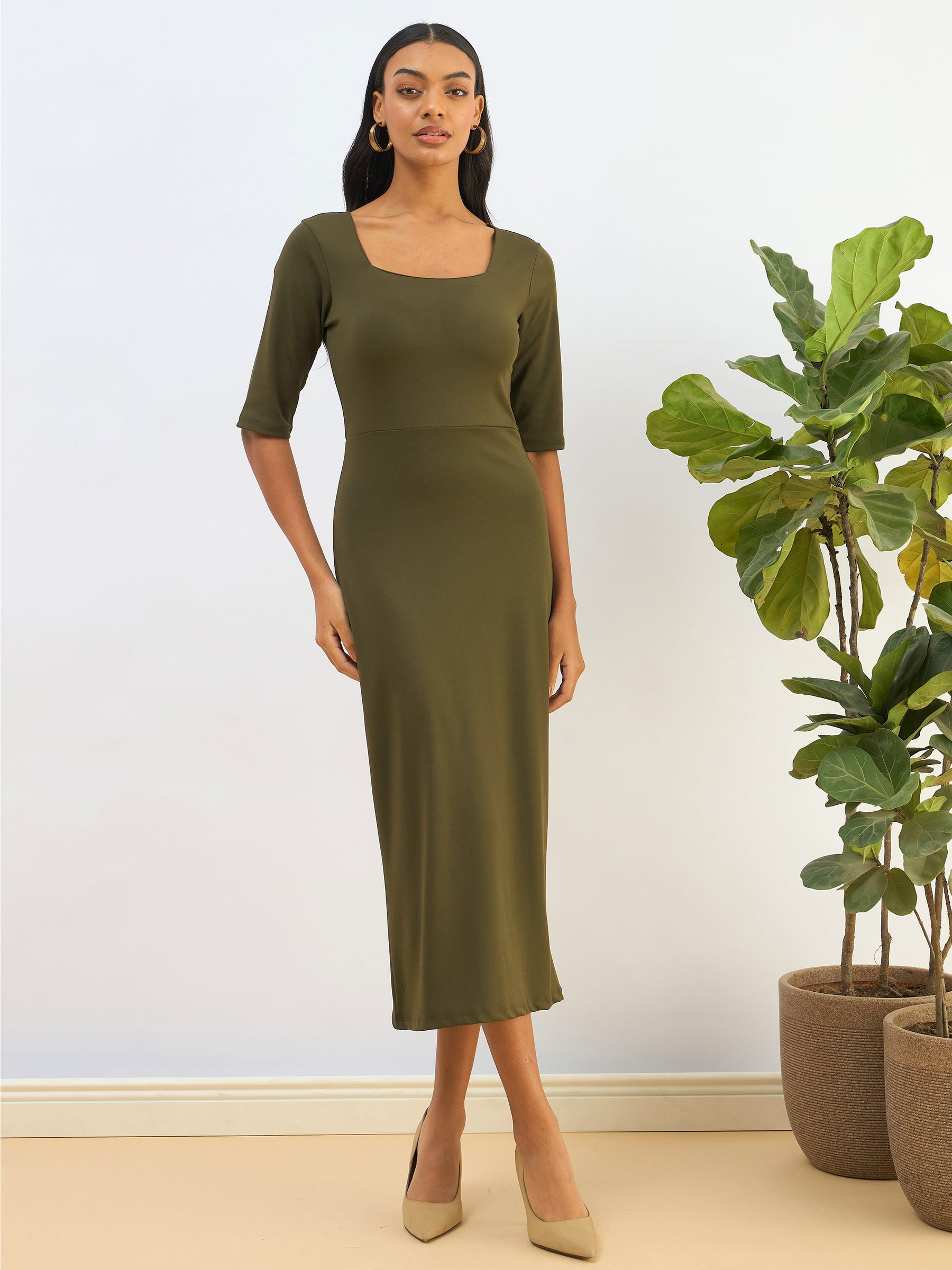 Buy Women Olive Knitted Square Neck Bodycon Midi Dress Online at Best Price - Sassafras Buy Women Olive Knitted Square Neck Bodycon Midi Dress Online at Best Price - Sassafras