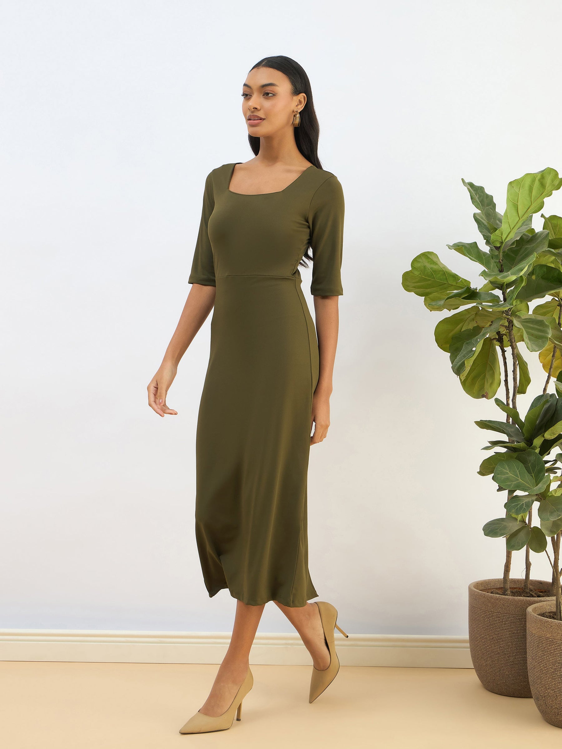 Buy Women Olive Knitted Square Neck Bodycon Midi Dress Online at Best Price - Sassafras Buy Women Olive Knitted Square Neck Bodycon Midi Dress Online at Best Price - Sassafras