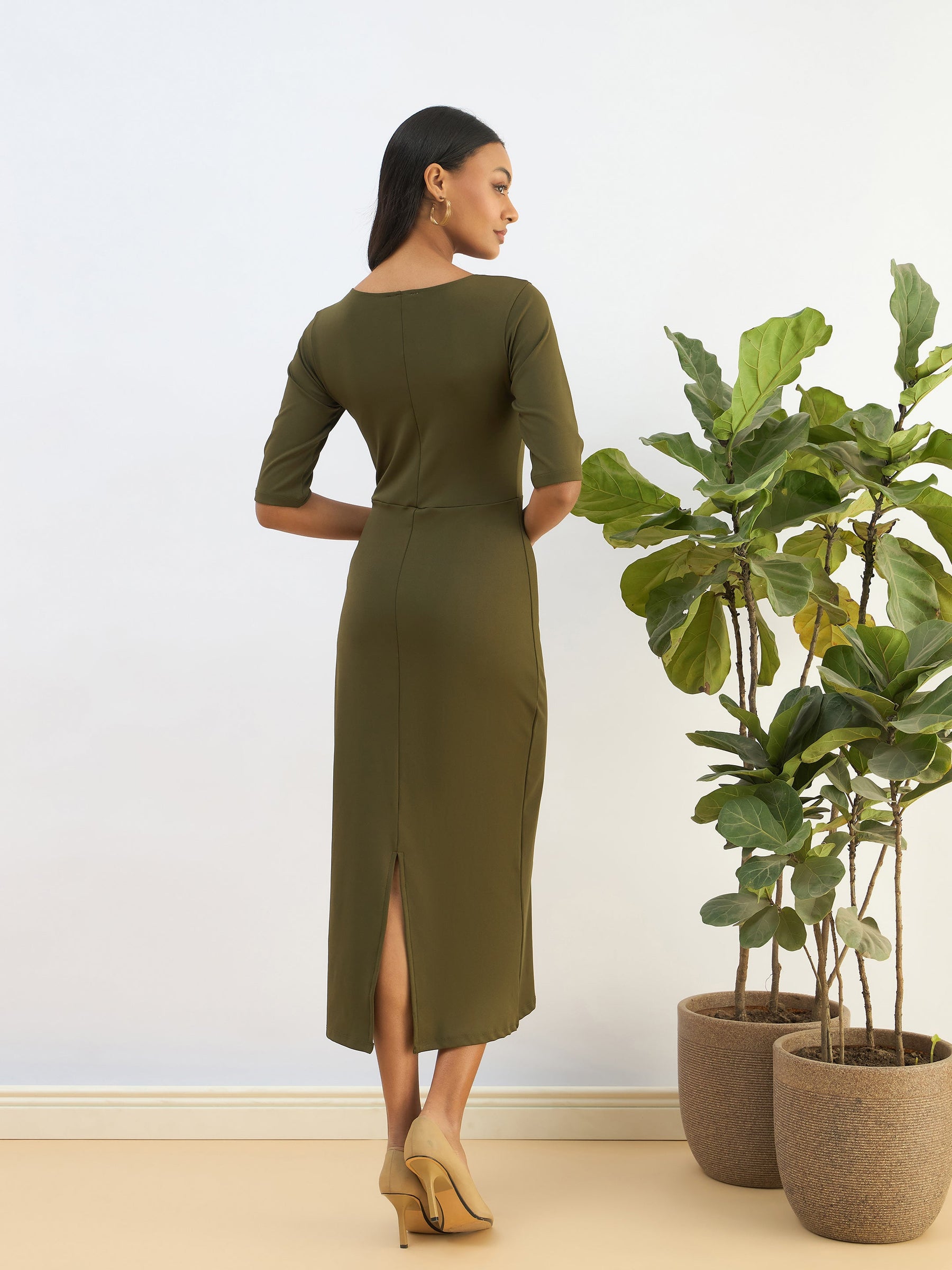 Buy Women Olive Knitted Square Neck Bodycon Midi Dress Online at Best Price - Sassafras Buy Women Olive Knitted Square Neck Bodycon Midi Dress Online at Best Price - Sassafras