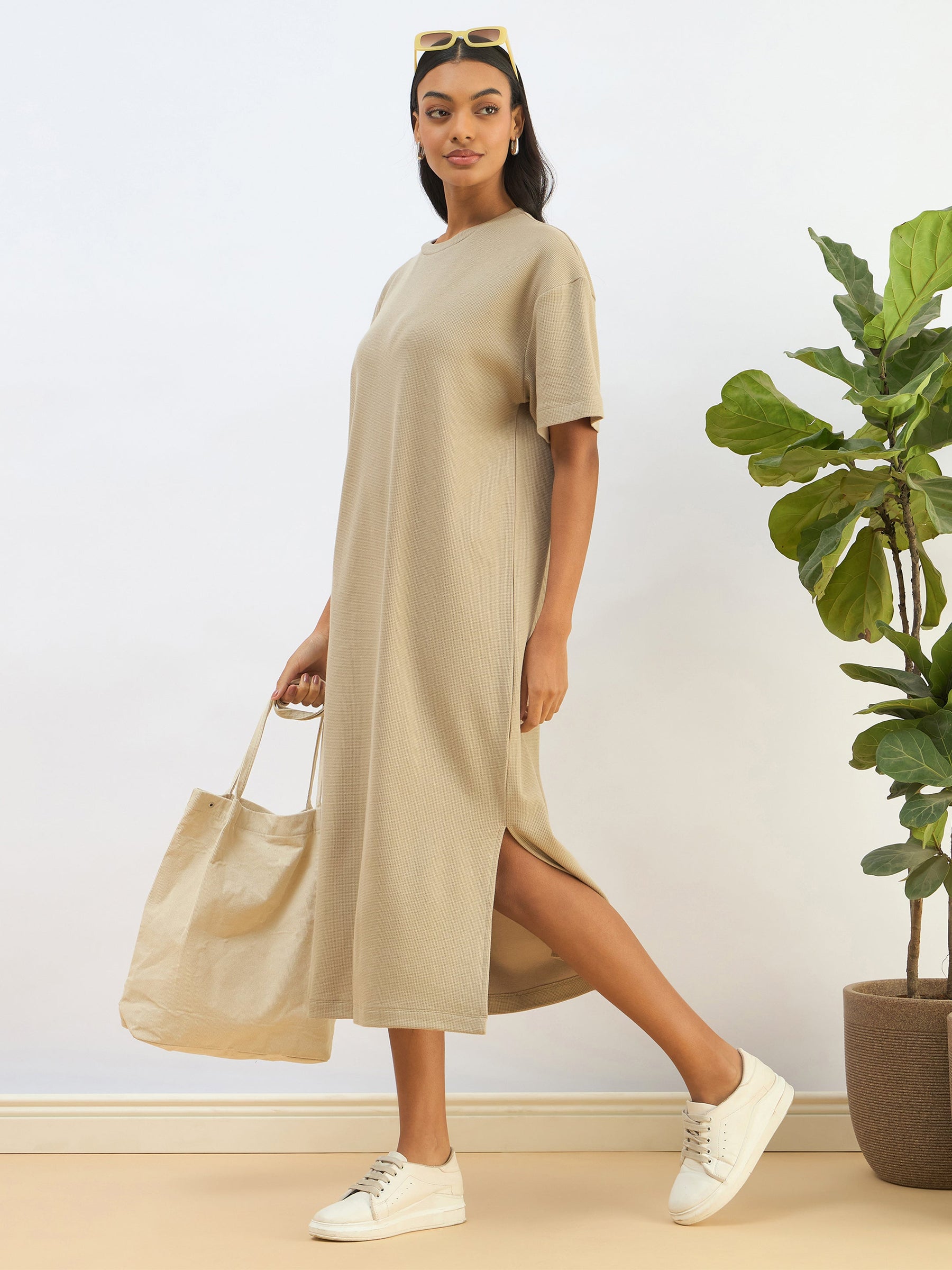 Women Olive Waffle Side Slit Oversized T-Shirt Dress