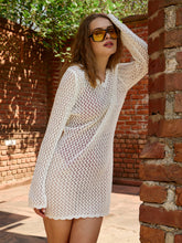 Off-White Crochet V-Neck Full Sleeve Short Beach Dress-SASSAFRAS