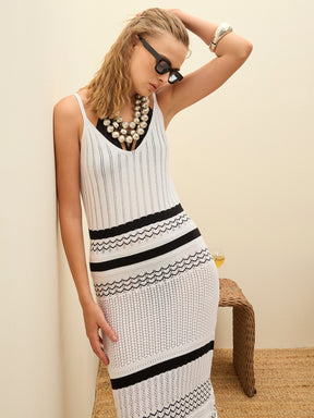 White & Black Crochet Variegated Stripes Strappy Beach Maxi-SASSAFRAS