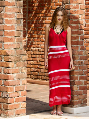 Red & White Crochet Variegated Stripes Strappy Beach Maxi-SASSAFRAS