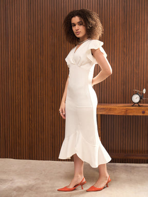 White V-Neck Scuba Frill Midi Dress-SASSAFRAS worklyf