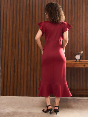 Maroon V-Neck Scuba Frill Midi Dress-SASSAFRAS worklyf