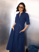 Navy Blue Denim Belted Maxi Dress-SASSAFRAS