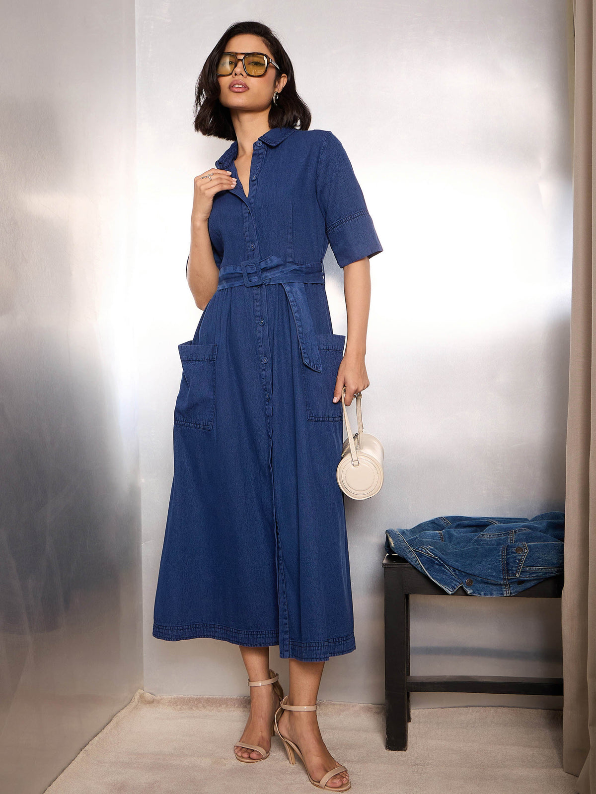 Navy Blue Denim Belted Maxi Dress-SASSAFRAS