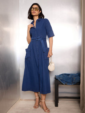 Navy Blue Denim Belted Maxi Dress-SASSAFRAS