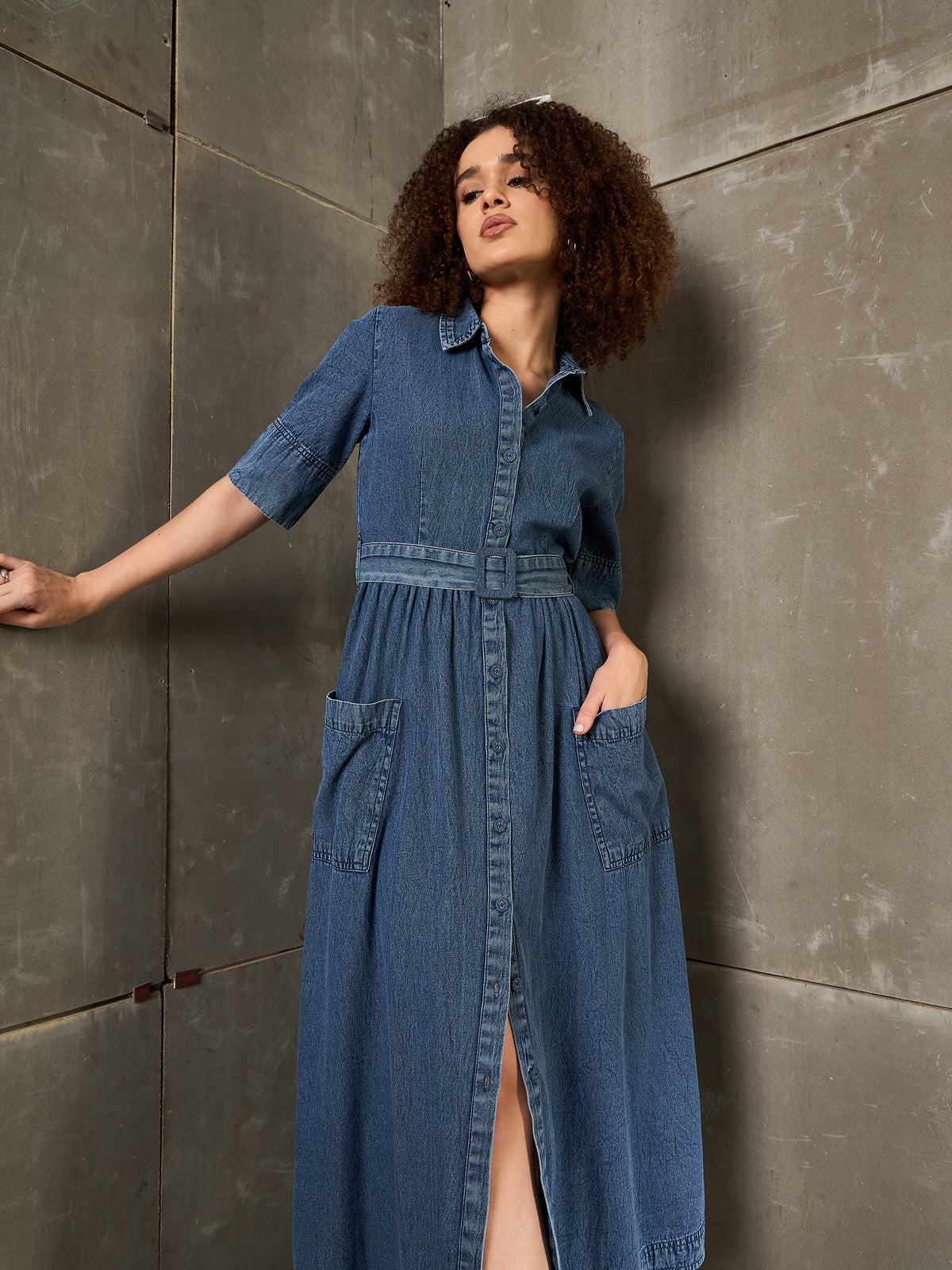 Blue Blast Denim Belted Maxi Dress-SASSAFRAS