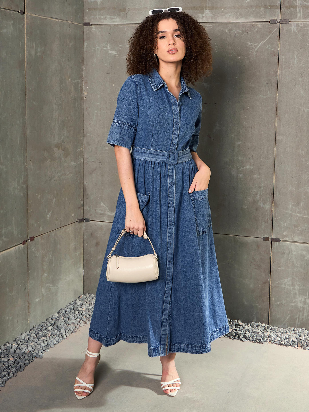 Blue Blast Denim Belted Maxi Dress-SASSAFRAS