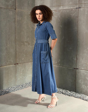 Blue Blast Denim Belted Maxi Dress-SASSAFRAS