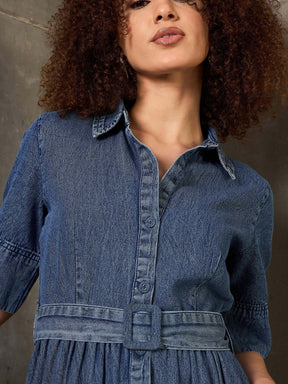 Blue Blast Denim Belted Maxi Dress-SASSAFRAS