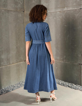 Blue Blast Denim Belted Maxi Dress-SASSAFRAS