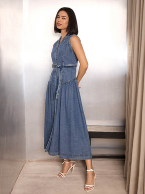 Blue Blast Denim Notch Collar Belted Maxi Dress-SASSAFRAS