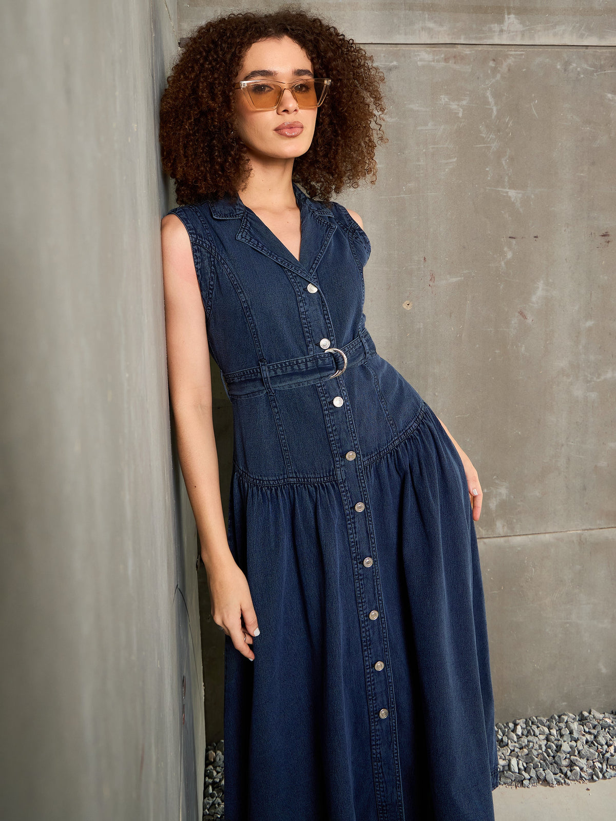 Blue Washed Denim Notch Collar Belted Maxi Dress-SASSAFRAS