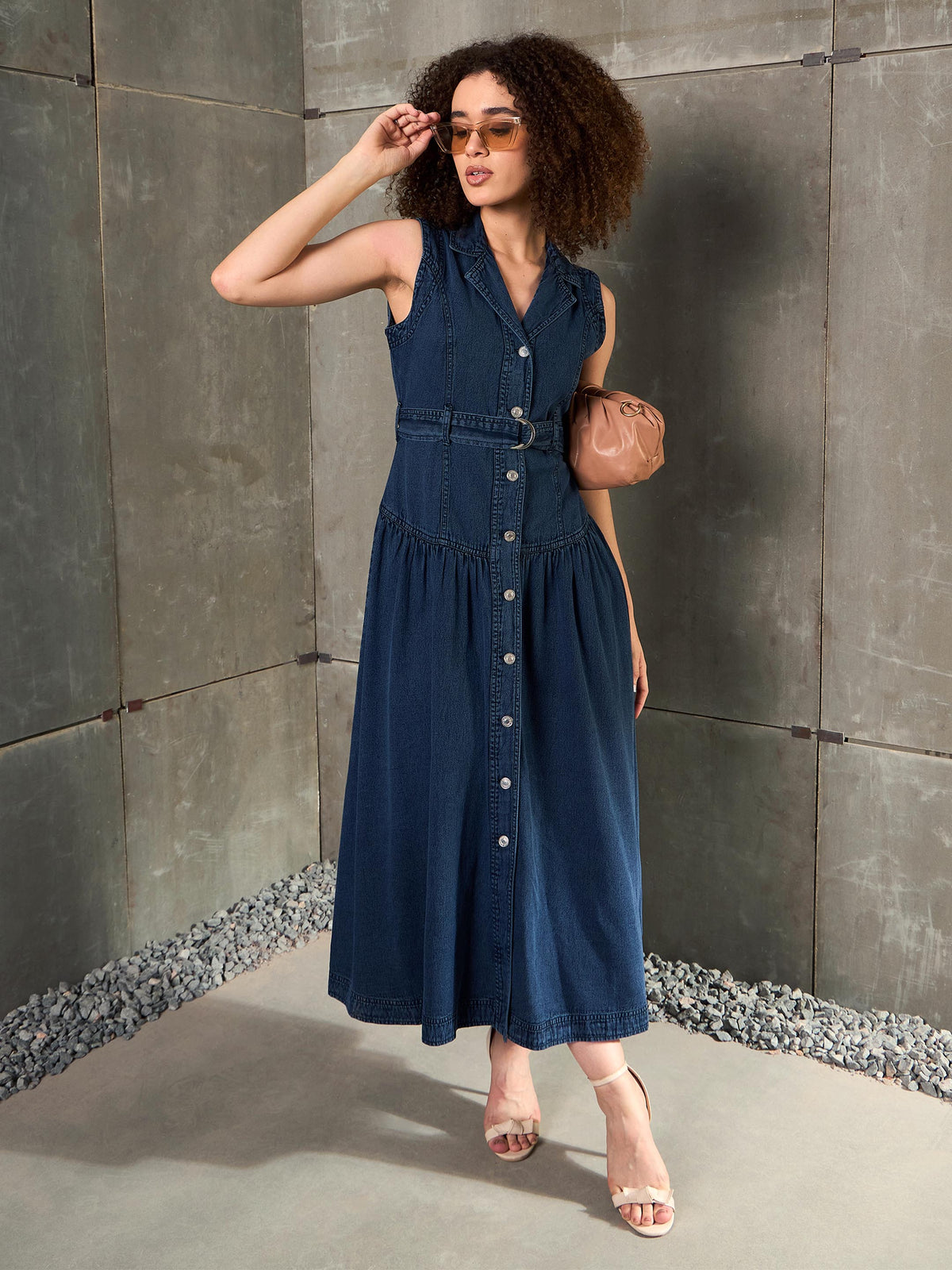 Blue Washed Denim Notch Collar Belted Maxi Dress-SASSAFRAS