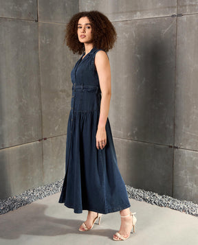 Blue Washed Denim Notch Collar Belted Maxi Dress-SASSAFRAS