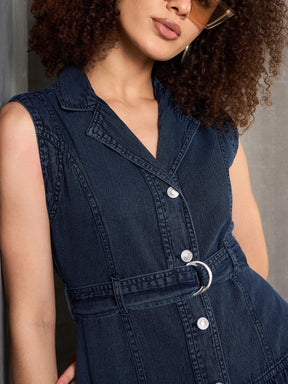 Blue Washed Denim Notch Collar Belted Maxi Dress-SASSAFRAS