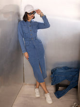Blue Denim Front Slit Midi Dress-SASSAFRAS