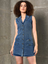 Blue Washed Denim Notch Collar Short Dress-SASSAFRAS