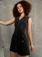 Black Washed Denim Notch Collar Short Dress-SASSAFRAS