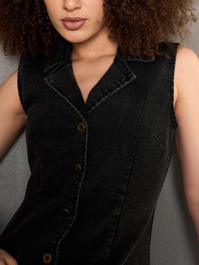 Black Washed Denim Notch Collar Short Dress-SASSAFRAS