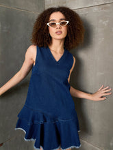 Navy Denim Asymmetric Fringe Hem Short Dress-SASSAFRAS
