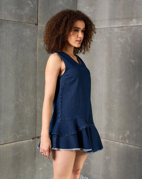Navy Denim Asymmetric Fringe Hem Short Dress-SASSAFRAS