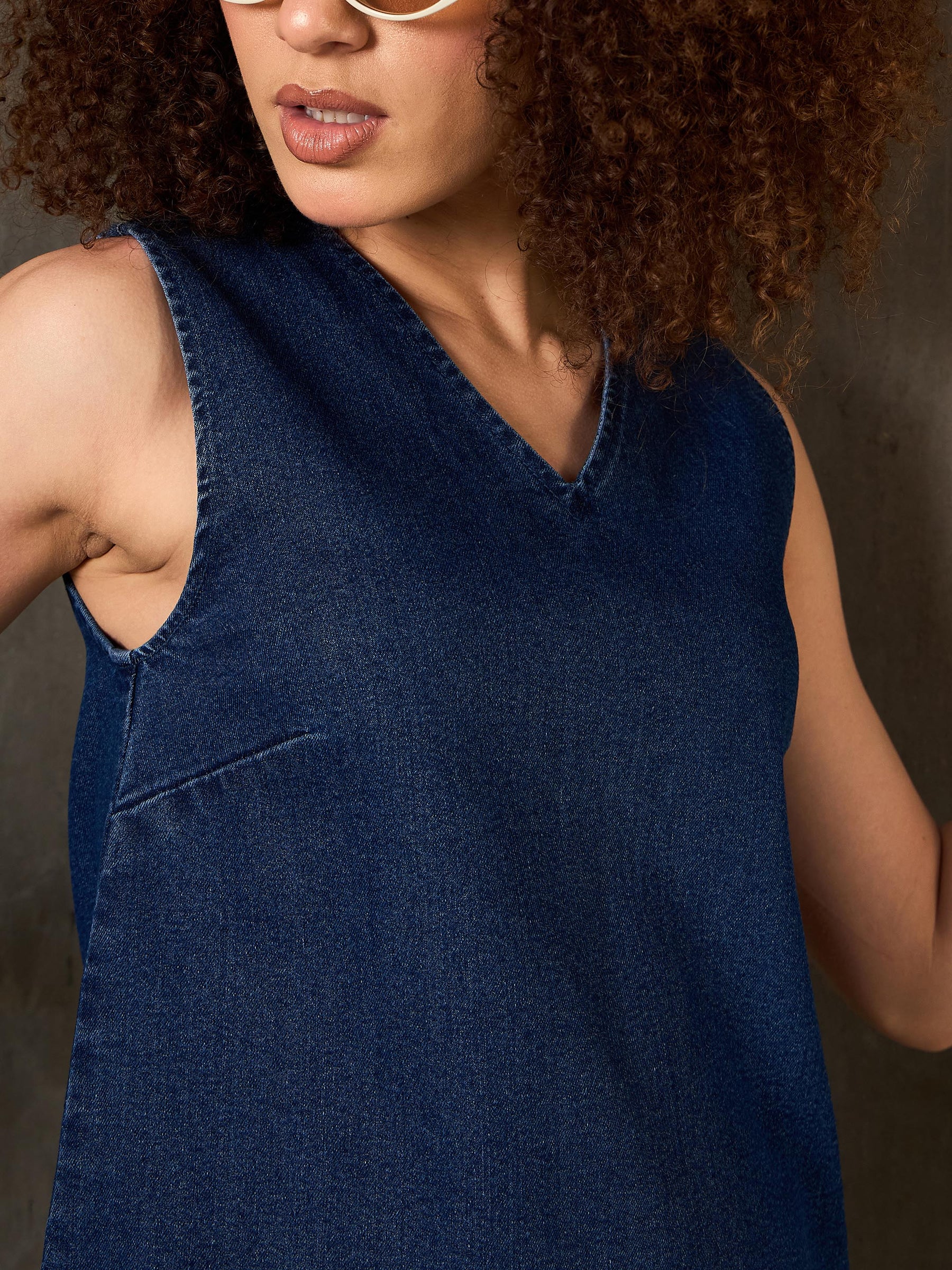 Navy Denim Asymmetric Fringe Hem Short Dress-SASSAFRAS