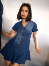 Blue Denim Flared Hem Short Dress-SASSAFRAS