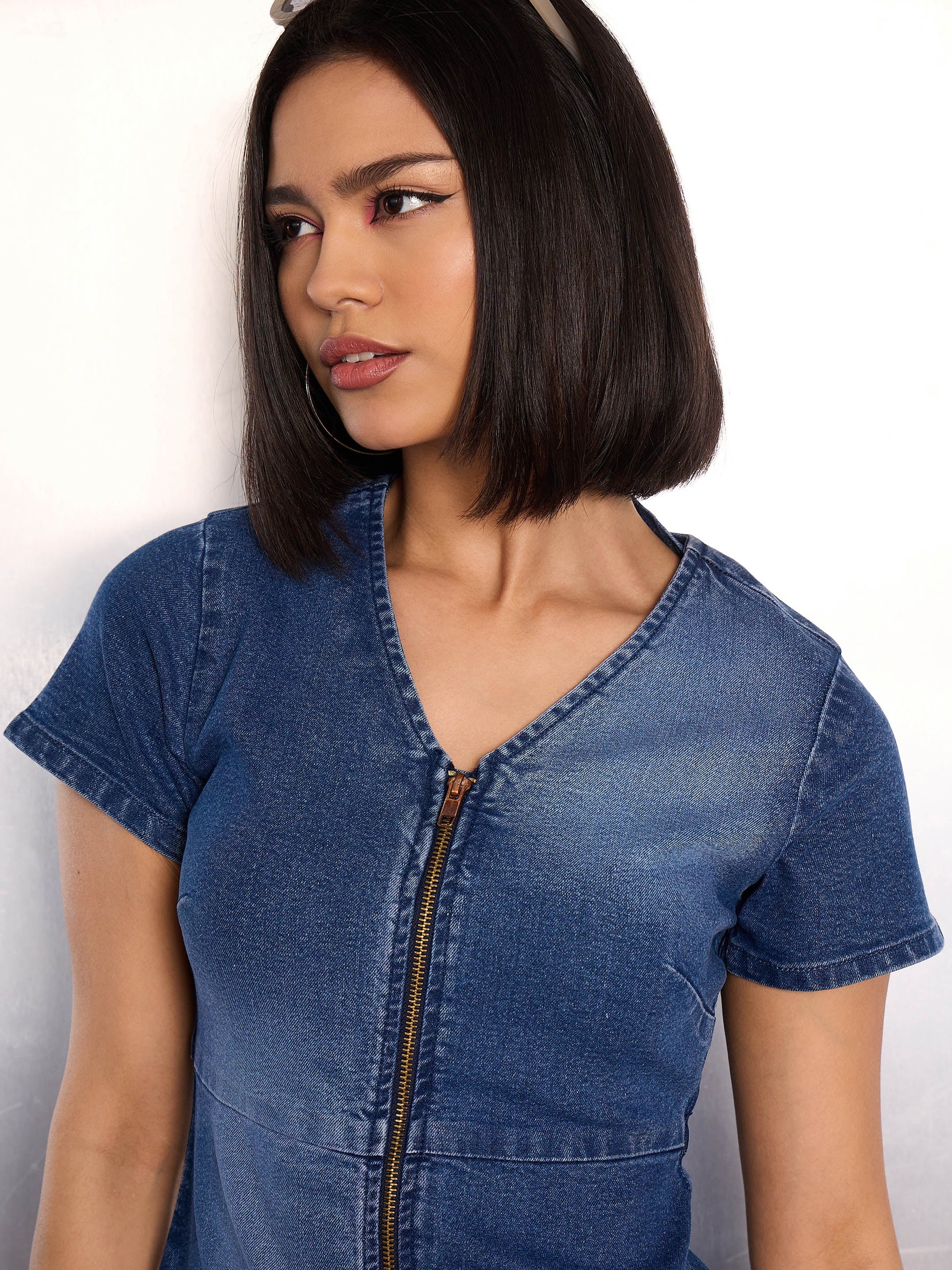 Blue Denim Flared Hem Short Dress-SASSAFRAS