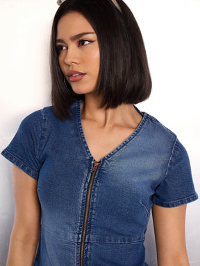 Blue Denim Flared Hem Short Dress-SASSAFRAS