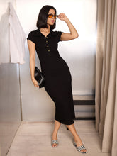 Black Rib Cap Sleeve Midi Dress-SASSAFRAS