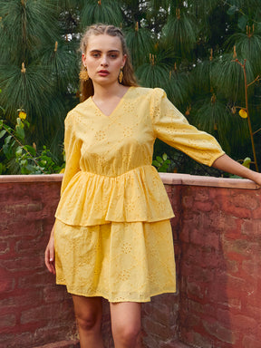 Women Yellow Schiffli V-Neck Frill Detail Short Dress