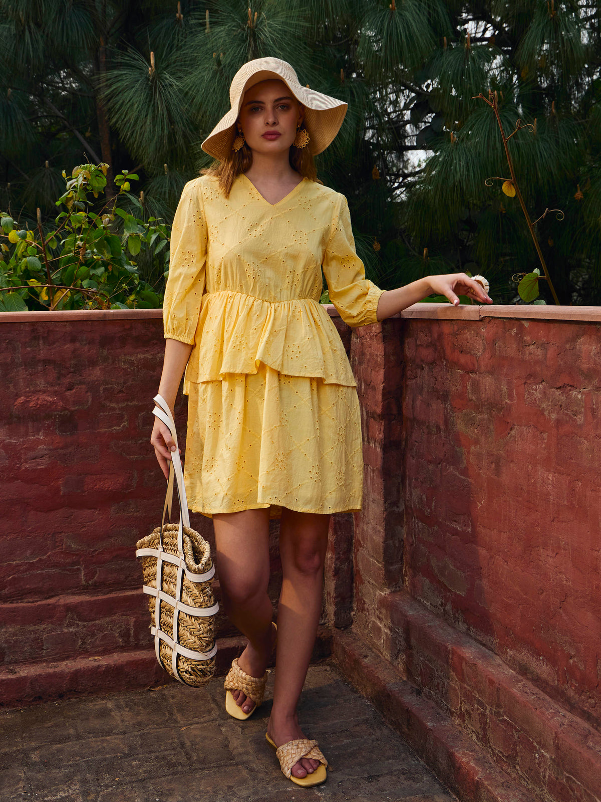 Yellow Schiffli V-Neck Frill Detail Short Dress-SASSAFRAS