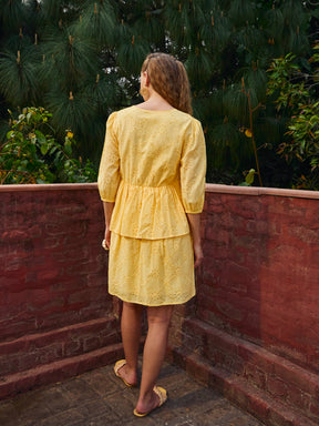 Yellow Schiffli V-Neck Frill Detail Short Dress-SASSAFRAS