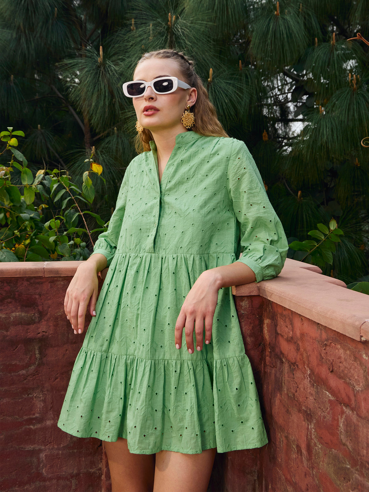 Green Schiffli Mandarin Collar Short Dress-SASSAFRAS