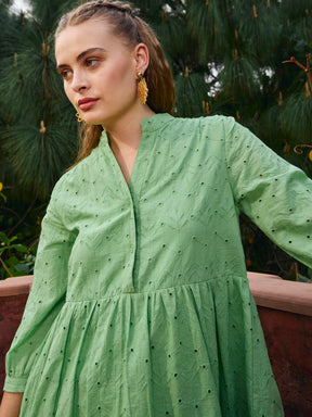 Green Schiffli Mandarin Collar Short Dress-SASSAFRAS